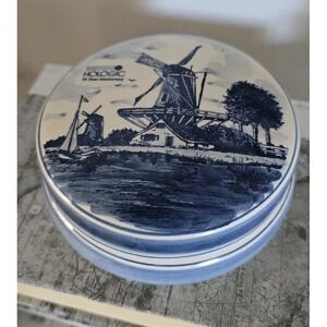 Delft Blue Holland Covered Dish Windmill Design Hand Painted Trinket Box Candy‎